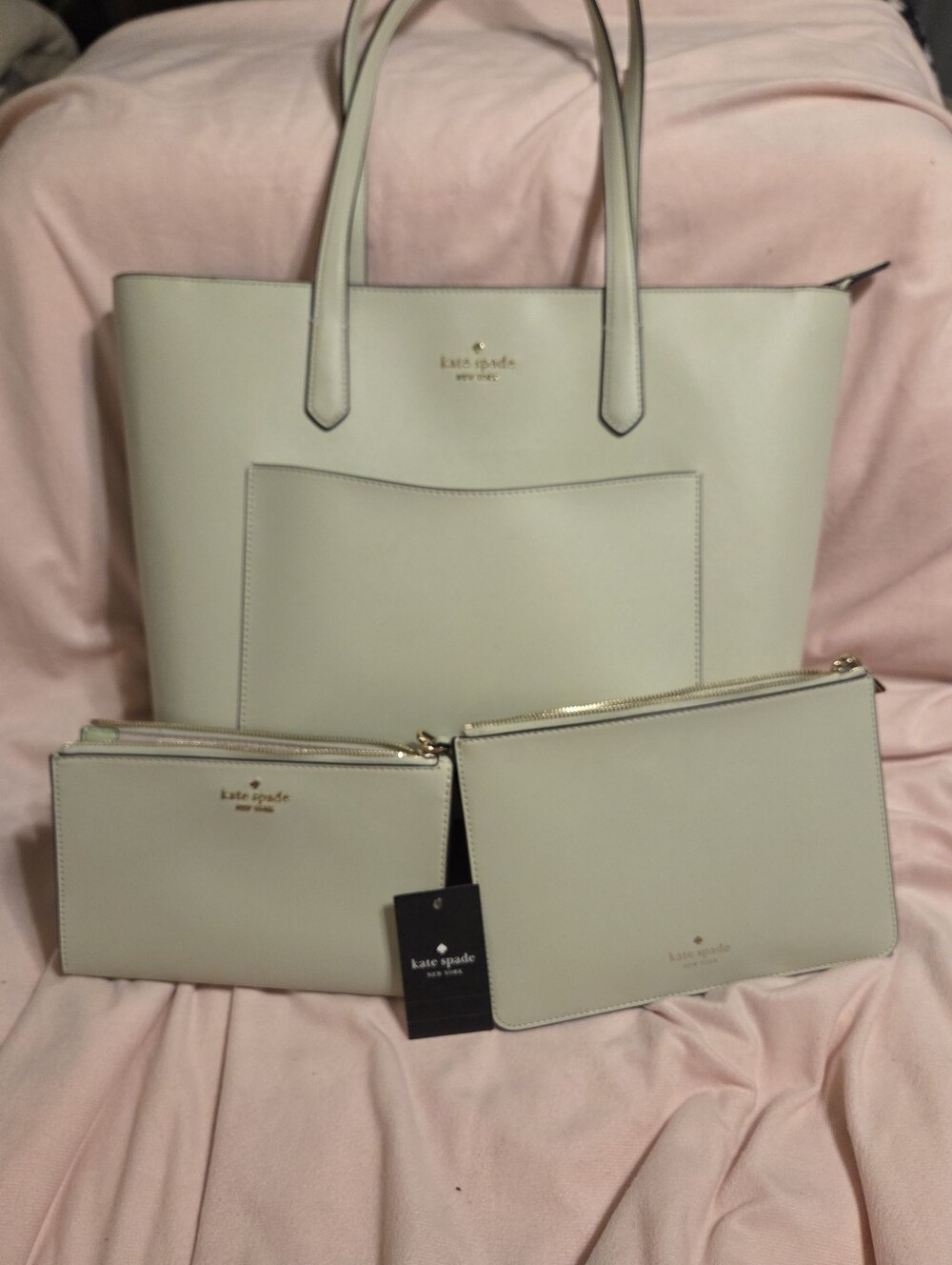 Kate Spade Light Sage Leather Tote with Pouch Set, Good UC. 3 PIECE SET.